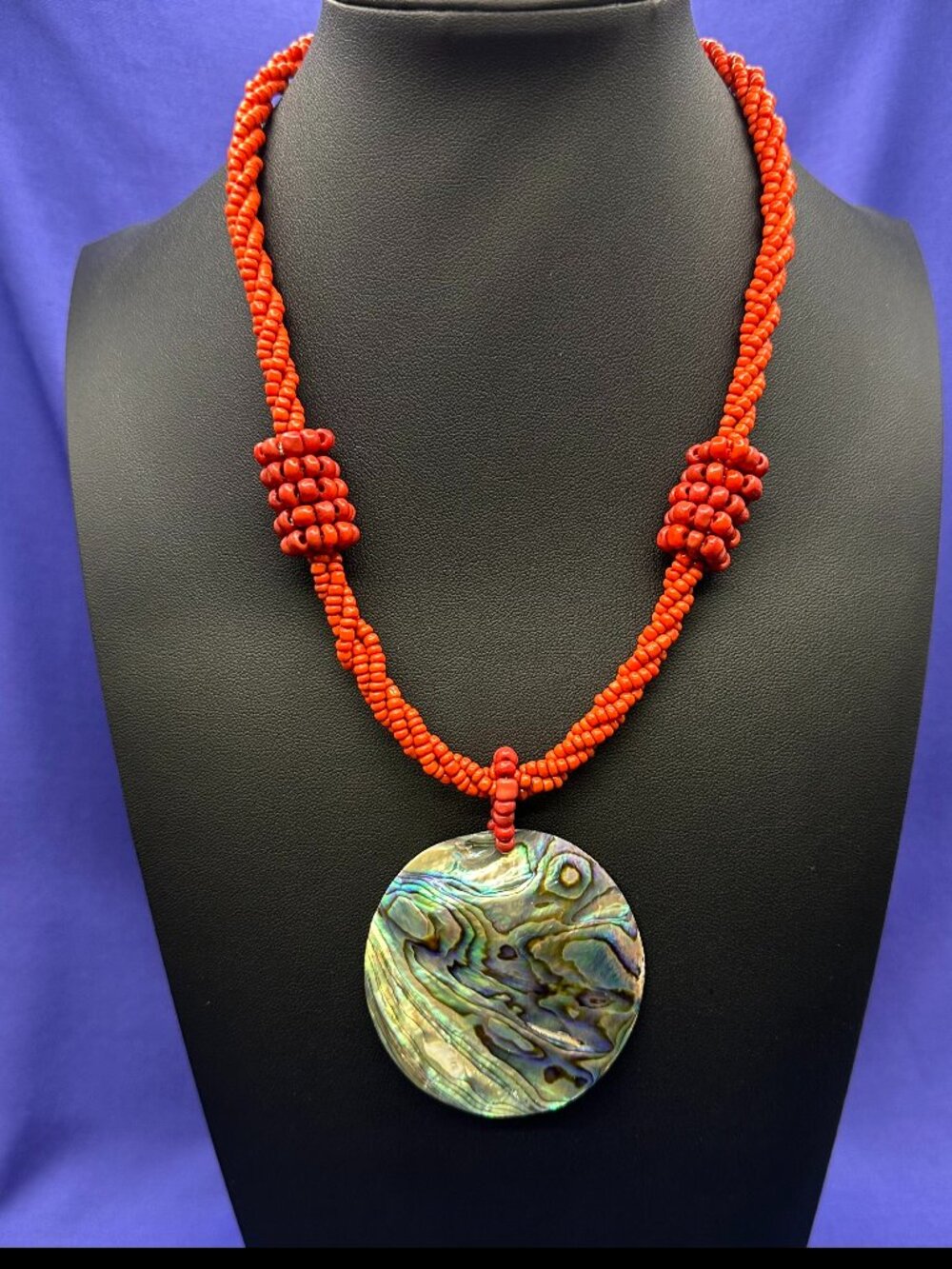 Abalone & Red Coral Bead Pendant Necklace